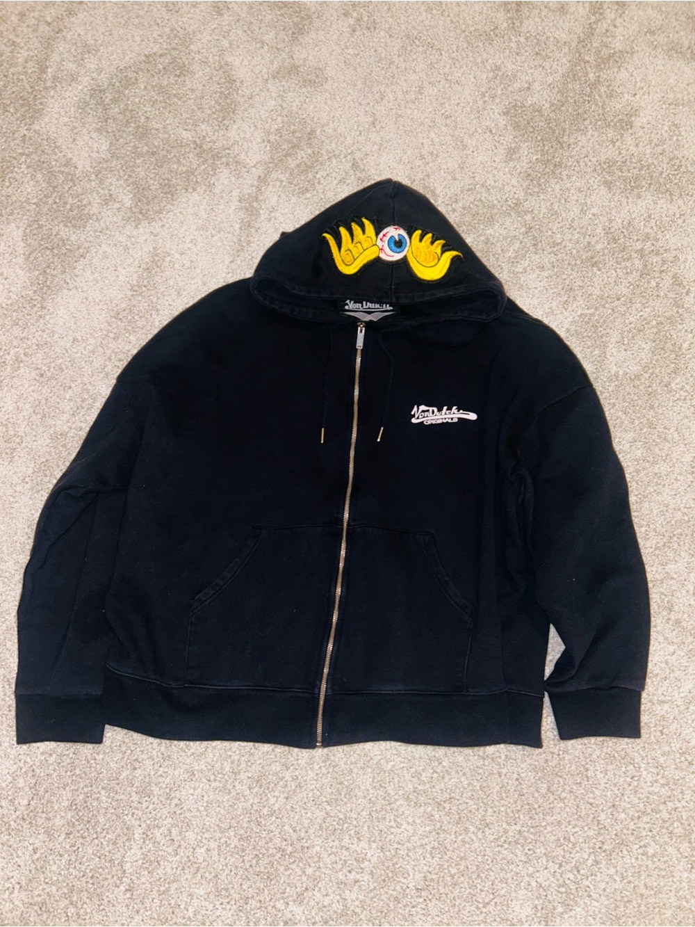 Von Dutch Black Zip-Up Hoodie with Yellow Embroidered Hood Graphic Eye Vintage